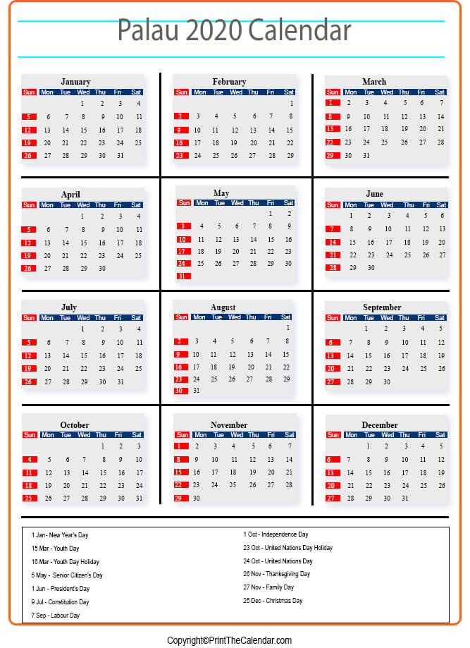 Palau Calendar 2020